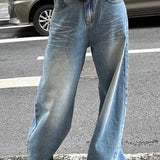 Vintage Washed Whisker Wide Leg Denim Jeans