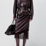 Elegant Lace Trim Leather Skirt