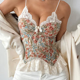 Lace Trim Patchwork Boned Corset Tank Top