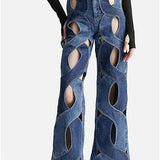 Hollow Button Patchwork Wide Leg Jeans