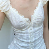 Lace Trim V Neck Button Front Slim Blouse