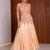 Contrast Sequins Mesh Panel Prom Dress