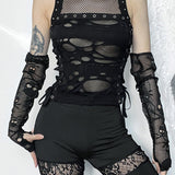 2025 Mall Gothic Sexy Hole See Through Lace-up Streetwear Cyber Punk Rave Fashion Crop Top