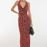 Polka Dot Print Halter Waist Tie Maxi Dress