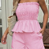 Casual Minimalist stripe Tube Ruffle Shorts Two Piece Set