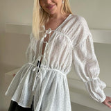 Loose Fit V-Neck Tie Long Sleeve Crop Top
