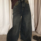 Vintage Leopard Print Cuff Relaxed Jeans