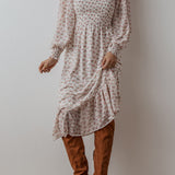 White Floral Print Shirred Ruffled Hem Square Neck Midi Dress