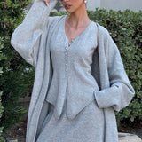 Vintage Gray Knit Jacket Vest & Maxi Skirt Three Piece Set