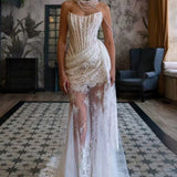 High-End Lace Sheer Paneled Corset Strapless Party Dress