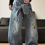 Leopard Print Patchwork Tie Loose Wide Leg Retro Jeans