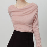 Chic Off Shoulder Tie Waist Cowl Neck Long Sleeve Tee
