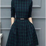 Dress autumn outfit women plaid print long sleeve o neck belted outfit