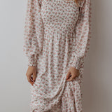 White Floral Print Shirred Ruffled Hem Square Neck Midi Dress