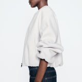 Faux Wool Short Zip Bomber Jacket