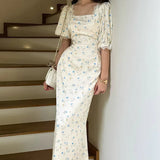 Satin Puff Sleeve Floral Dress