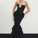 Black Lace Flower Halter Sheath Club Dress