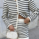 Casual Round Neck Striped Knit Cardigan Sweater Set