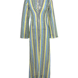 Boho V Neck Bell Sleeve Wavy Striped Crochet Beach Vacation Maxi Dress - Yellow