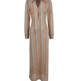 Boho Collared V Neck Split Wavy Striped Crochet Beach Vacation Maxi Dress - Brown