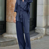 Blue Satin Ruffled Shirt Pants Office Two Piece Set