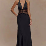 Lace Patchwork Backless Halter Boho Dress