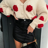 3D Floral V Neck Knit Sweater