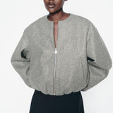 Faux Wool Short Zip Bomber Jacket