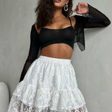Sheer Lace Jacquard Tiered Mini Skirt