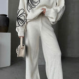 Casual Round Neck Knit Sweater with Pants Two Piece Set