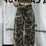 Leopard Ripped Wide Leg Jeans