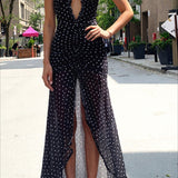 Polka Dot Ruched Lace Mesh Cami Maxi Dress