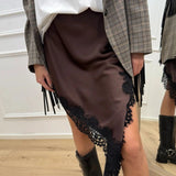 Satin Lace Asymmetric Split Slim A-Line Mini Skirt
