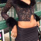 Sexy Fleece Patchwork Lace Long Sleeve Two Piece Set