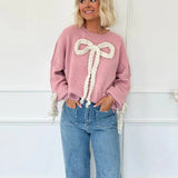 3D Applique Bow Paneled Loose Sweatshirt
