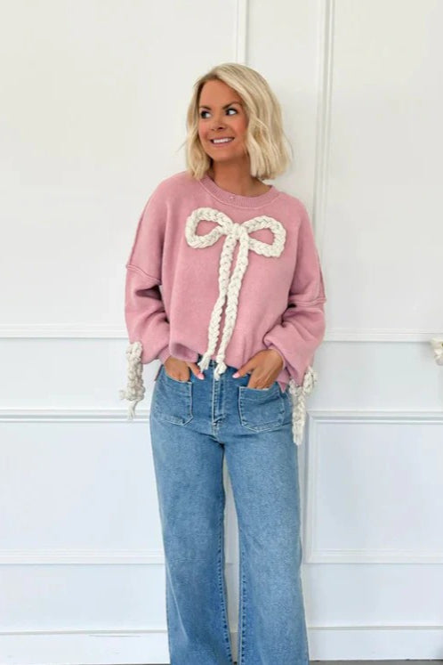 3D Applique Bow Paneled Loose Sweatshirt