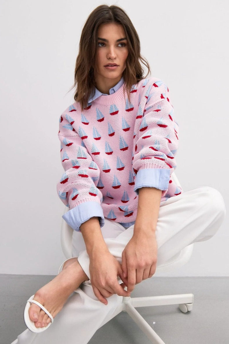 Casual Sailboat Jacquard Pullover Sweater