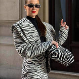 V Neck Zebra Print Two Piece Blazer Skirt Set