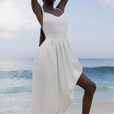 Cotton V Neck Spaghetti Strap Elegant Tie Backless Midi Dress