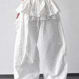 Lace Skirt Hem Trim Wide Leg Casual Pants