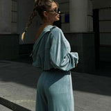 Athletic Velvet Collar Zipper Long Sleeve Two Piece Set