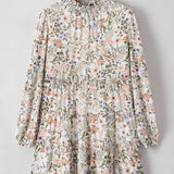 Green Floral Print Tiered Frilled Shirred Mock Neck Mini Dress