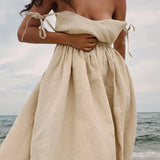 Cotton V Neck Spaghetti Strap Elegant Tie Backless Midi Dress