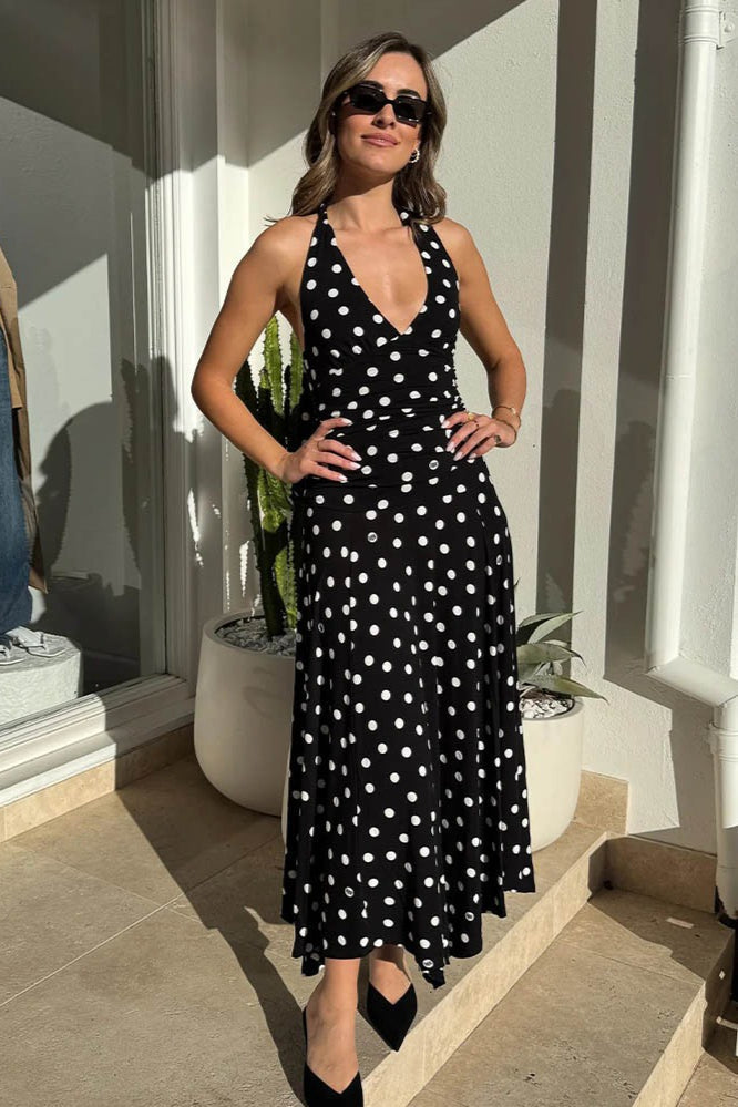 Polka Dot Halter V-Neck Ruched Maxi Dress