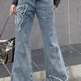 Washed Butterfly Embroidered Flared Jeans