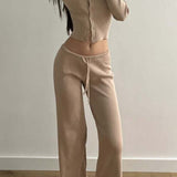 Sexy Fitted Buttoned Long-Sleeve Low-Rise Knit Two Piece Set