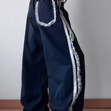 Lace Trim Wide Leg High Waist Pants