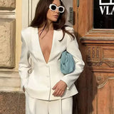 White Deep V-neck Blazer Pants Office Two Piece Set