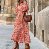 Half Bubble Sleeves V-Neck Fashion Print Boho Dress