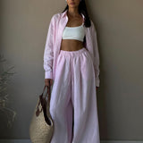 Cotton Loose Long Sleeve Shirt Pants Two Piece Set